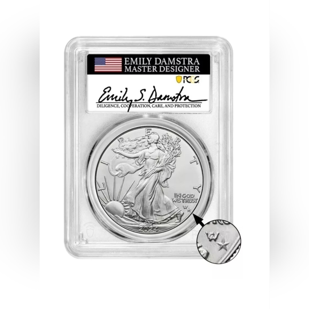 2024 (P) Silver Eagle Star Privy - Emily Damstra Signature Label - PCGS MS70 FDI